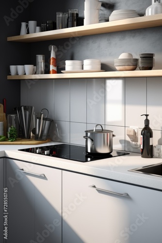 A picture of a kitchen with a stove top oven and a sink. This image can be used to showcase a modern kitchen design or for illustrating cooking and food preparation concepts