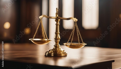 Golden scales of justice on wooden table in courtroom, blurry background.