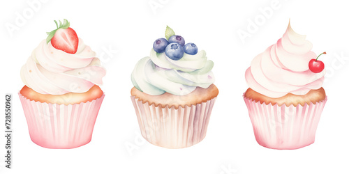 Watercolor style fruit cupcakes with strawberry, blueberry and cherry fruits.
