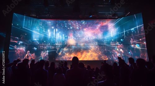 Closeup of a large projector screen showing the virtual concert from multiple angles.
 photo