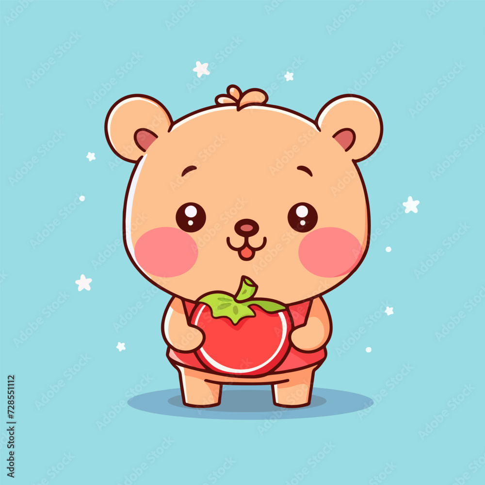Obraz premium Cute happy cartoon brown bear holding a tomato. Adorable wild baby animal eating a vegetable
