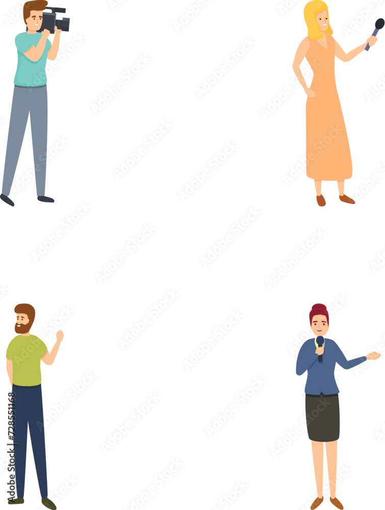 Girl reporter icons set cartoon vector. Journalist with microphone and cameraman. Reportage, media concept Girl reporter icons set cartoon vector. Journalist with microphone and cameraman. Reportage, media concept