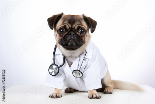 A dog in a coat with a stethoscope sitting on a white background. The dog in the costume of a doctor, veterinarian. The concept of medical care