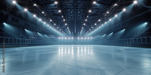 An empty ice rink with spotlights shining on the floor. Can be used for sports events or performances