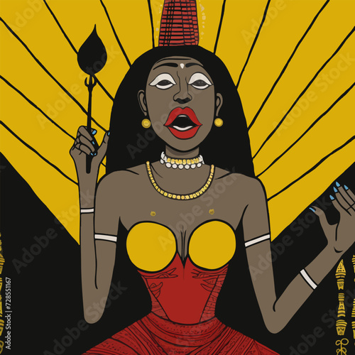 Female African shaman performing a ritual. Black woman singing on stage. Traditional performance