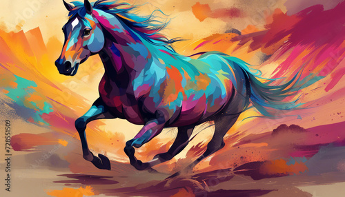 wild and free horse running in nature  digital art.