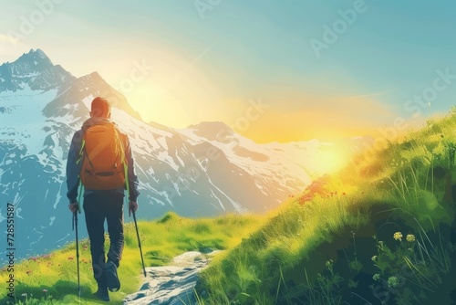 A person is seen walking up a hill with a backpack. This image can be used to depict hiking, adventure, outdoor activities, or exploring nature