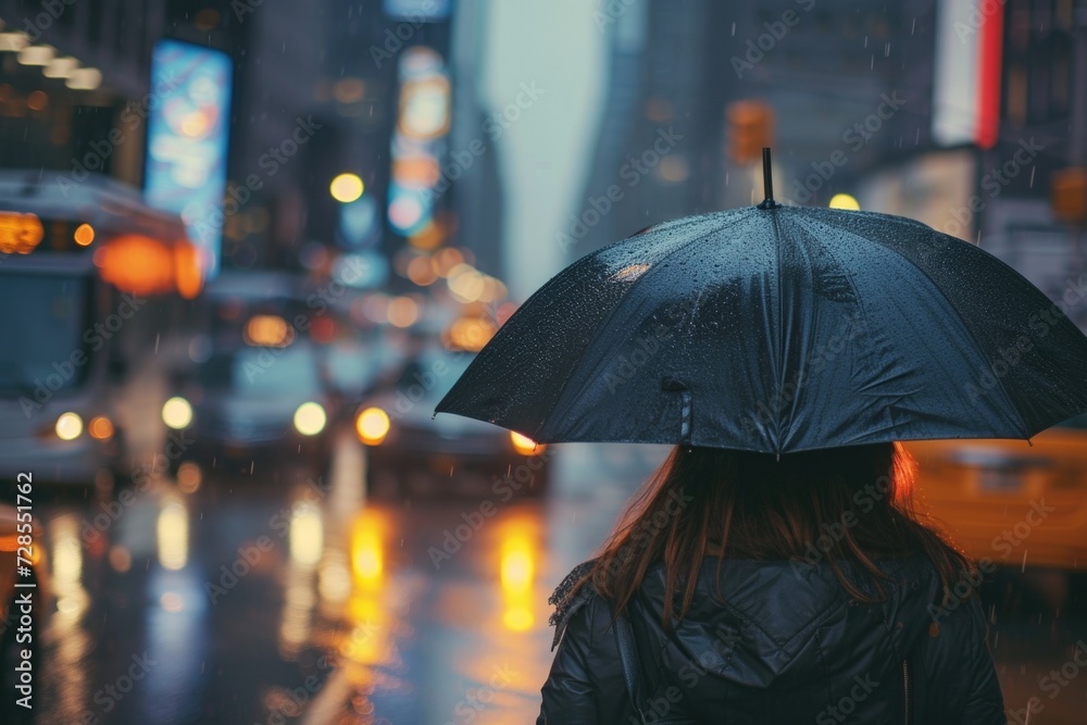 A woman standing in the rain, holding an umbrella. This image can be used to depict weather, protection, or staying dry during a rainy day