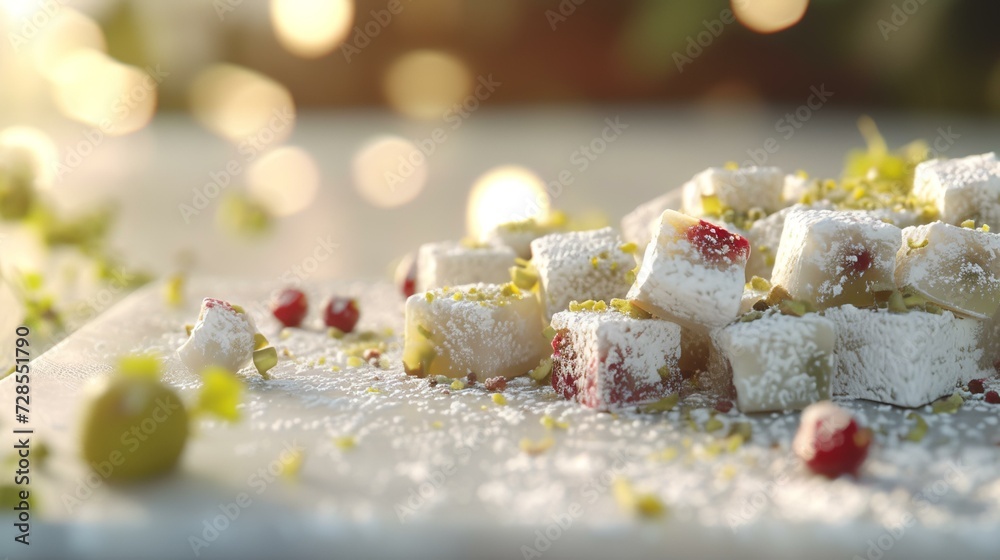 Turkish delight with pistachios on a white plate. Selective focus. Turkish delight with pistachios on a white plate. Selective focus.