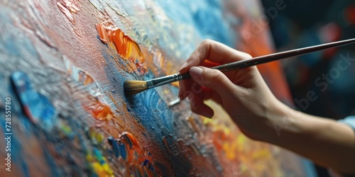 A close-up view of a person holding a paint brush. This image can be used for various creative projects