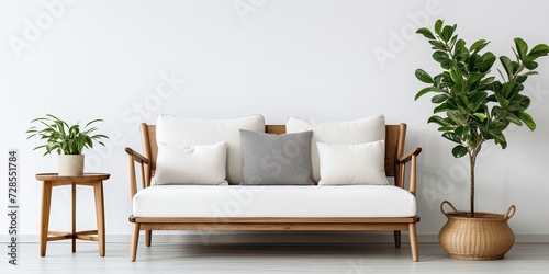 Real photo of a white living room with a wooden sofa, cushions, plant, and armchair.