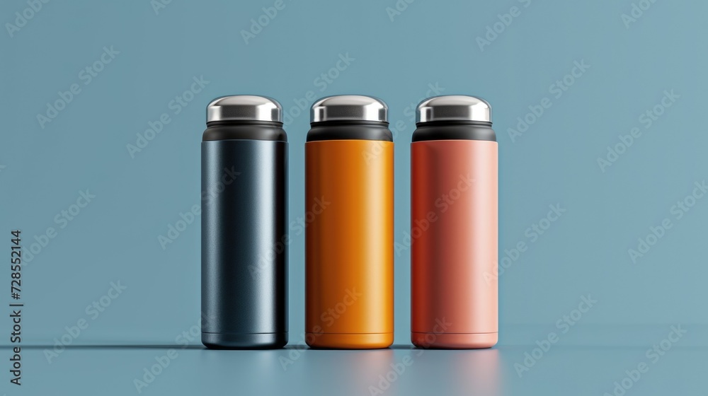 Three different colored stainless steel water bottles on a blue surface. Perfect for hydration on the go Three different colored stainless steel water bottles on a blue surface. Perfect for hydration on the go