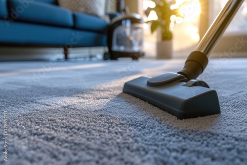 A detailed close-up shot of a vacuum cleaner placed on a carpet. Perfect for household cleaning or maintenance concepts