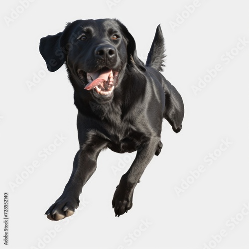 A black dog caught mid-air while jumping