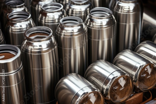 Metal beer cans arranged on a table. Suitable for beverage, party, or social gathering themes