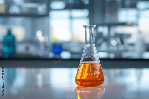 Glass chemistry beaker on laboratory table. Realistic lab flask equipment for scientific test.