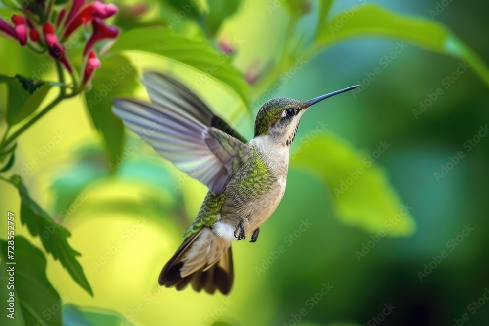 A hummingbird in flight near a beautiful flower. Perfect for nature enthusiasts and wildlife lovers A hummingbird in flight near a beautiful flower. Perfect for nature enthusiasts and wildlife lovers