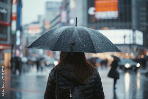 A woman stands in the rain, holding an umbrella. This image can be used to depict protection, weather, or a rainy day