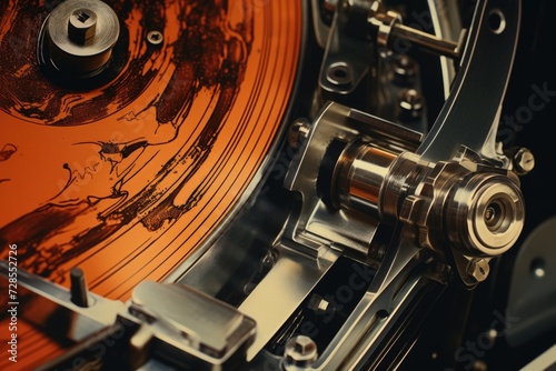 A close-up view of a machine with a clock on it. This image can be used to represent time management, productivity, or technology