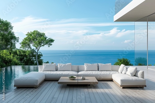 Interior of modern living room sofa or couch with beautiful sea view