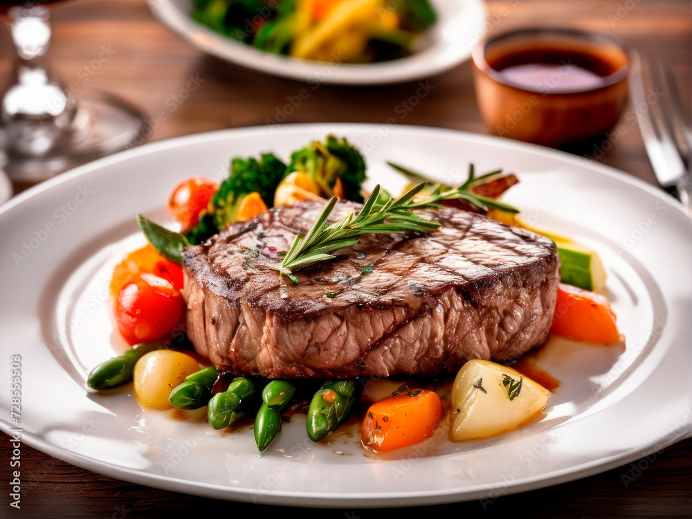 Juicy delicious grilled beef steak with steamed vegetables and rosemary Juicy delicious grilled beef steak with steamed vegetables and rosemary