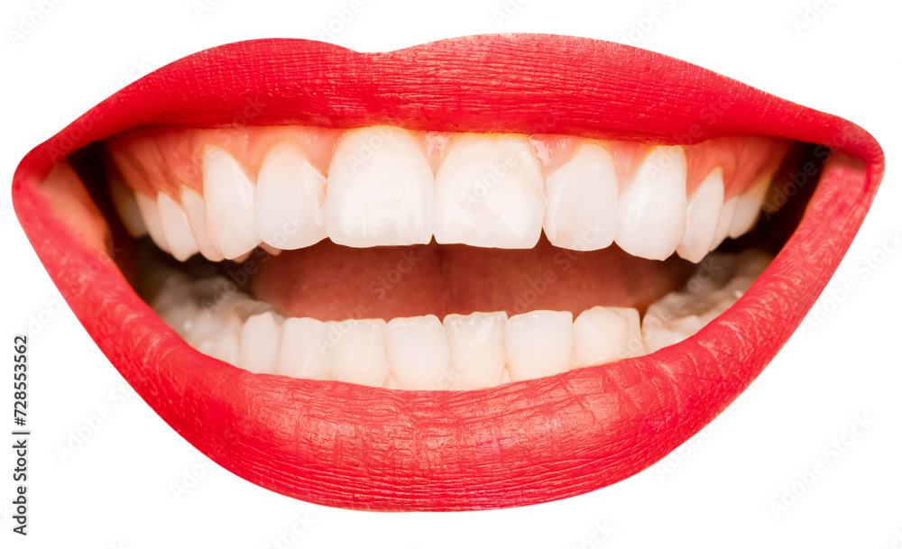 Open female mouth with white teeth, red lipstick isolated over transparent background. Smiling, positive emotions, health. Concept of human emotions, face part, makeup, dental care Open female mouth with white teeth, red lipstick isolated over transparent background. Smiling, positive emotions, health. Concept of human emotions, face part, makeup, dental care