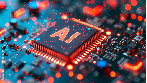 a complex circuit board, illustrating the integration of artificial intelligence technology with electronic hardware