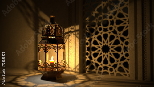 islamic Lentern on dark, beutiful lighting 3d rendering illustration, eid mubarak background photo