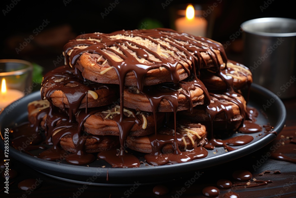 Chocolate syrup spilled over the tower of chocolate brownies in the tray, generative IA