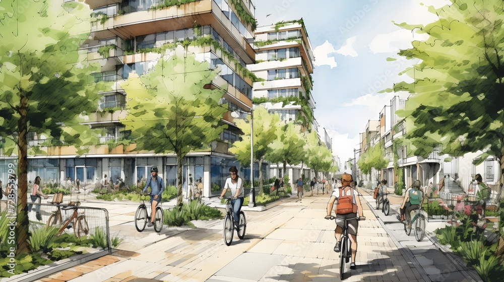 Drawing of street with sustainable urban design featuring eco-friendly ...