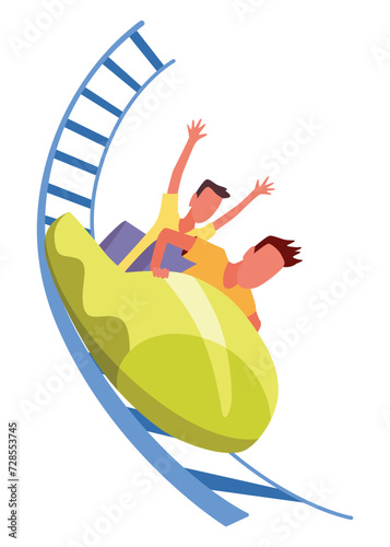 Roller coaster happy people. Rollercoaster. Friends riding in amusement park have fun positive emotion, park attractions. Young people having fun and enjoyment, cartoon vector illustration