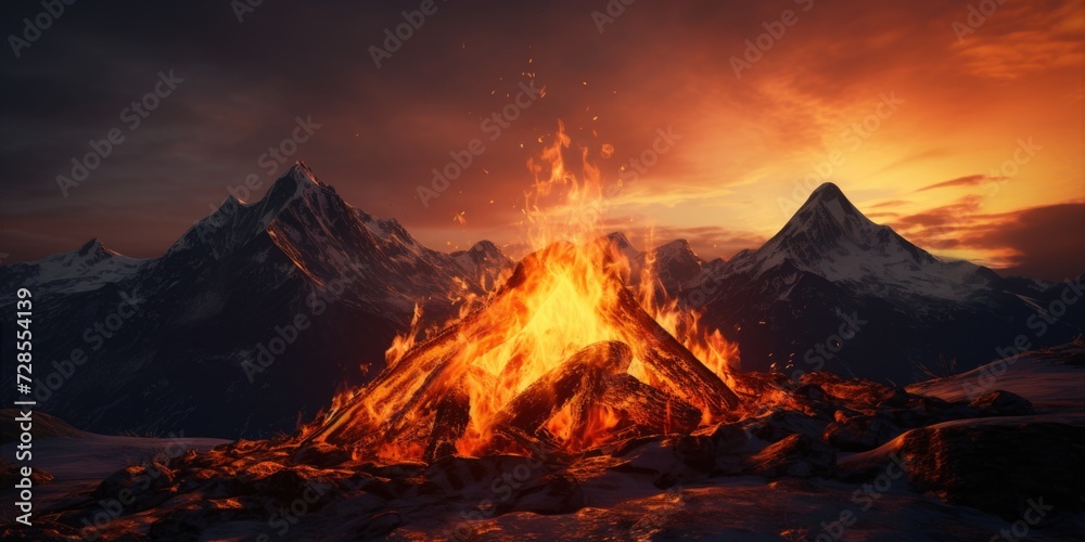 A bonfire blazing in the middle of a scenic mountain range. Perfect for outdoor gatherings and camping adventures