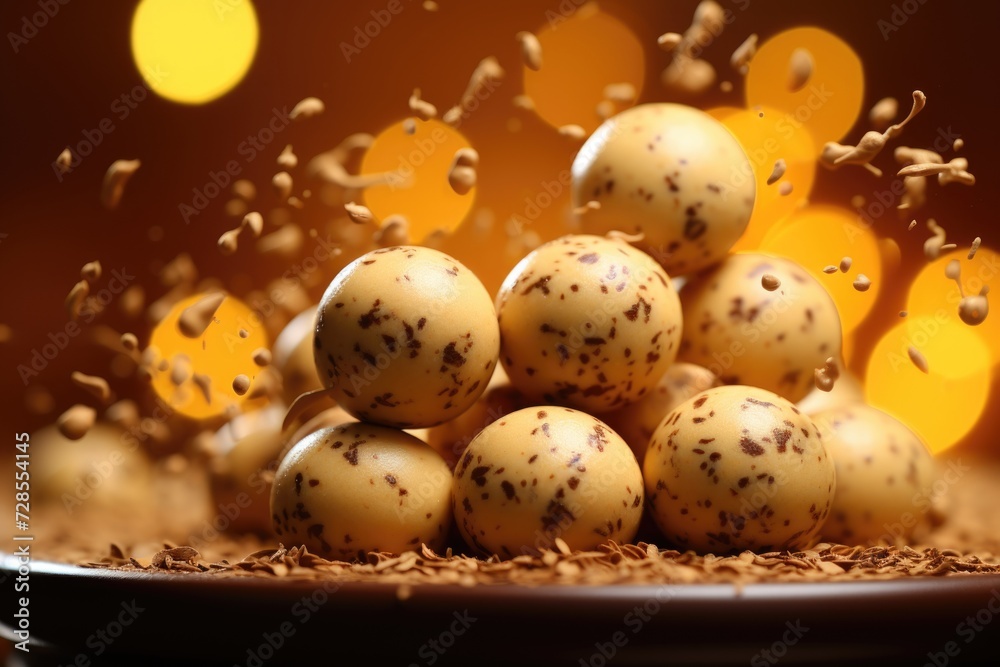 Round chocolates in coffee crumbs flying on a closed yellow background, generative IA