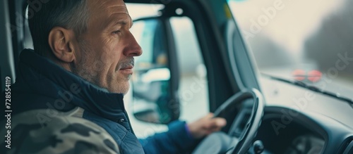 Caucasian European truck driver in his 40s, side view. Euro cargo transport. © Emin