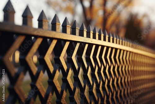 A metal fence with an elegant golden pattern. Perfect for adding a touch of sophistication to any outdoor space