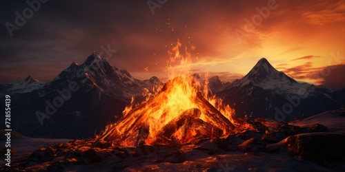 A bonfire blazing in the middle of a scenic mountain range. Perfect for outdoor gatherings and camping adventures