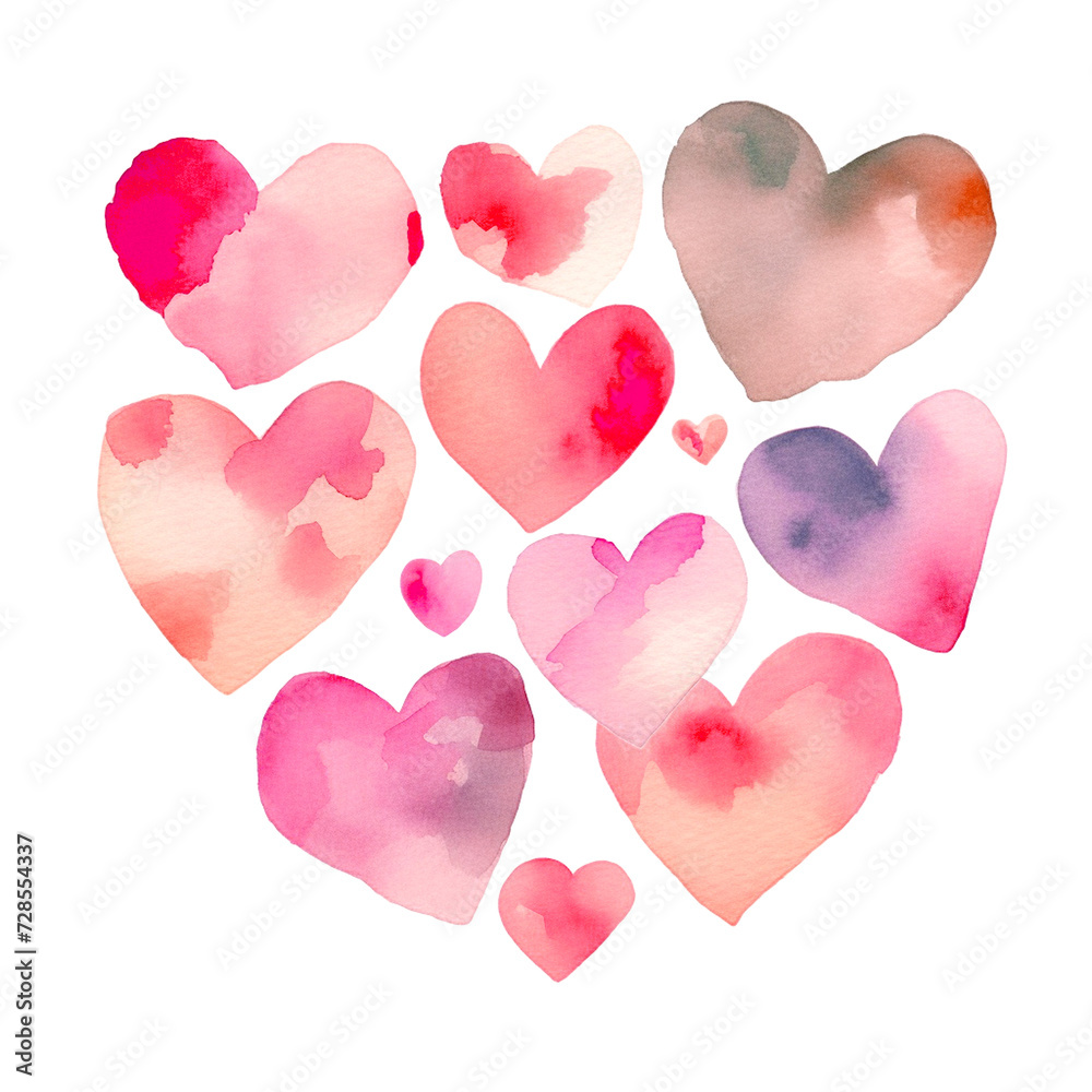 Illustration of watercolor hearts for a greeting card or gift . Watercolor and colored pencil textures in pink and beige. Minimalistic template for Valentine's Day or birthday or as a memory.