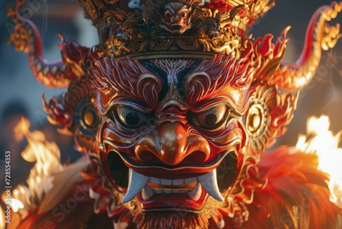 A close-up view of a mask with flames in the background. Perfect for adding a fiery touch to any design or project