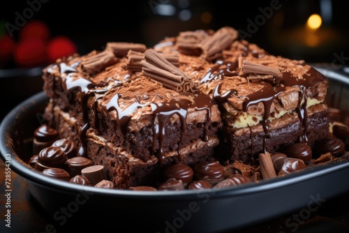 Close-up of the tasty chocolate cake with chocolate pieces on the baking dish. clo  generative IA