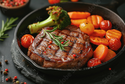 Grilled beef steak with grilled vegetables, with carrots, tomatoes, in a cast iron pan. AI Generated