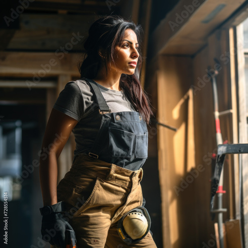 A woman in workwear with gloves and a tool belt looks confidently to the side in a workshop illuminated by warm sunlight