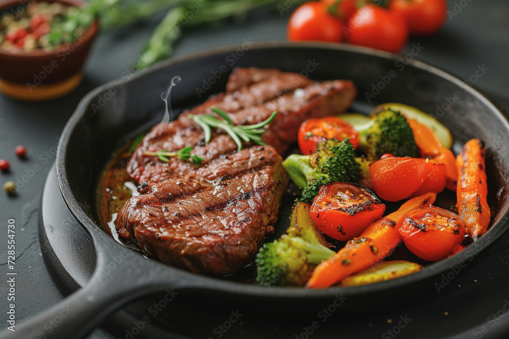 Grilled beef steak with grilled vegetables, with carrots, tomatoes, in a cast iron pan. AI Generated Grilled beef steak with grilled vegetables, with carrots, tomatoes, in a cast iron pan. AI Generated