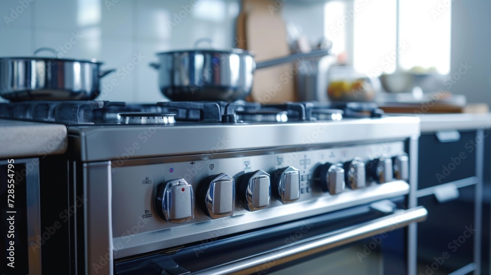 A stainless steel stove top with pots and pans. Perfect for kitchen and cooking-related designs A stainless steel stove top with pots and pans. Perfect for kitchen and cooking-related designs