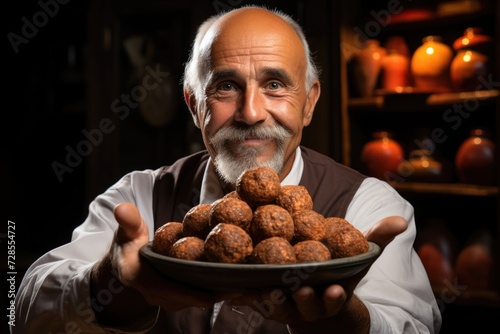 Confectioner holding a bitten brigadeiro. High definition photo. traditional Brazi, generative IA photo