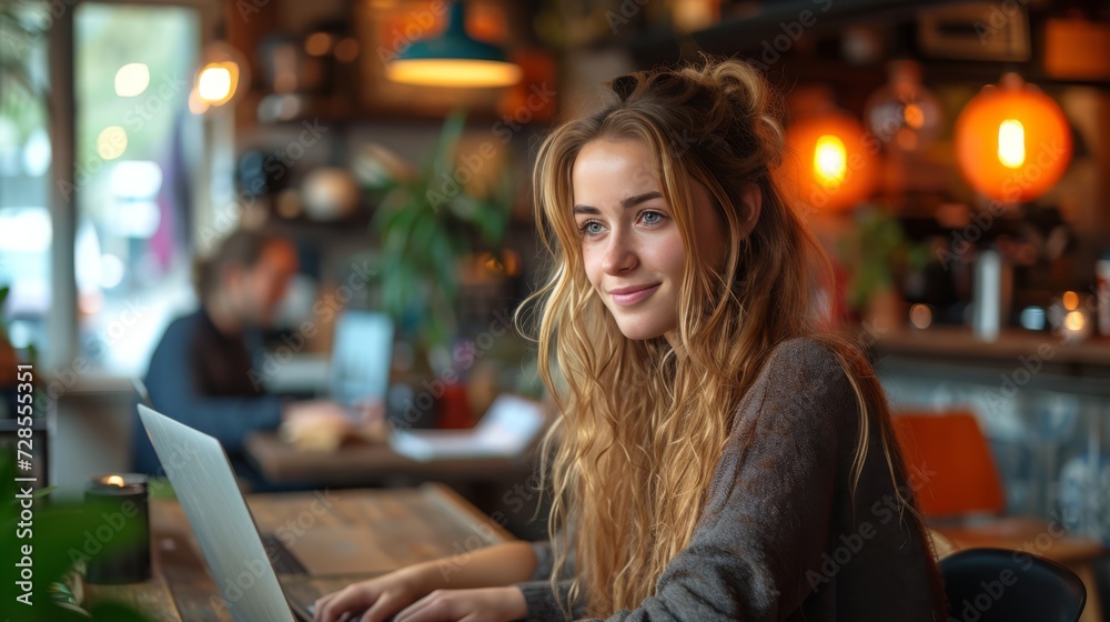 "Femme souriante avec ordinateur portable dans un café confortable" - obrazy, fototapety, plakaty 