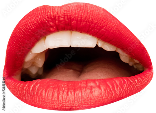 Open female mouth with white teeth, red lipstick isolated over transparent background. Tenderness and passion. Concept of human emotions, face part, makeup, dental care #728555366