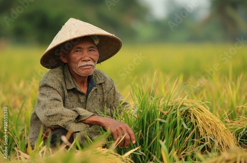 A Vietnamese farmer in traditional attire works in the rice fields, harvesting the crop with care and expertise under the open sky
