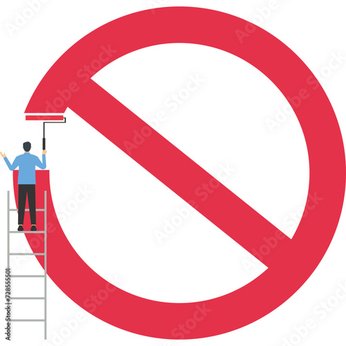 businessmen painting prohibition symbol on the wall. Prohibition or stop sign, forbidden, x attention and warning sign, prohibited or illegal concept, businessman climbing stairs to paint prohibition 