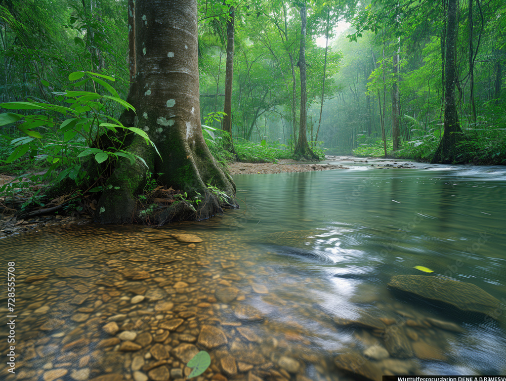 Obraz premium In a clearing within the rainforest, an ancient tree stands alone.