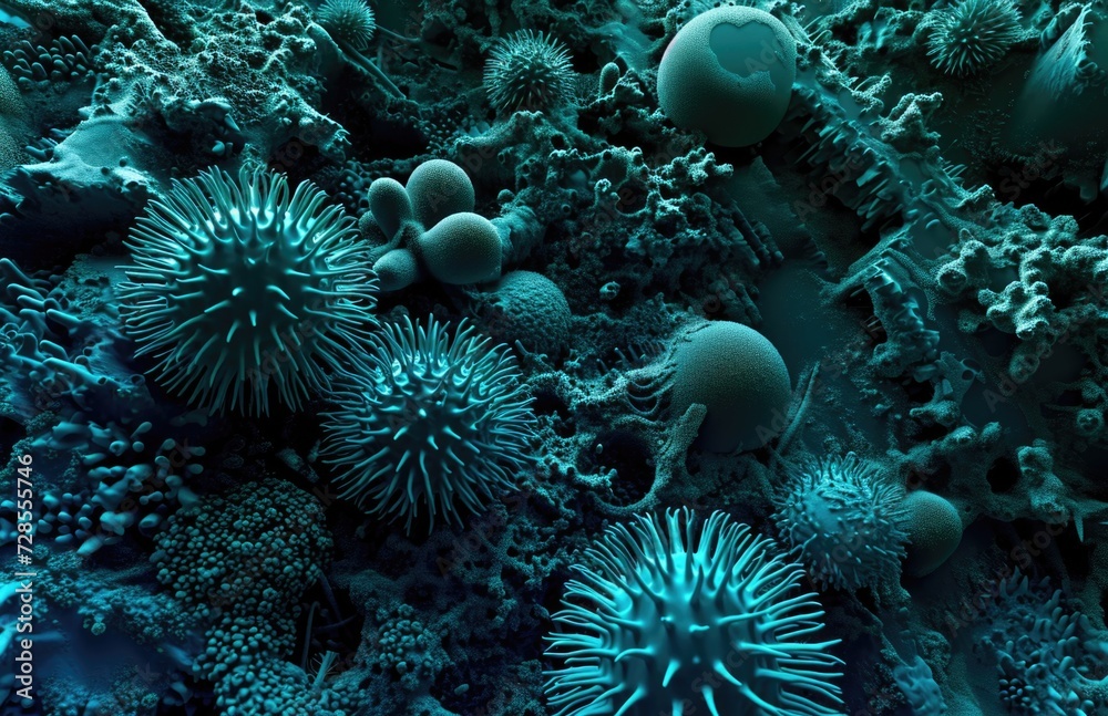 Microbial landscape with bacterial colonies and fungi in blue hues for biology research.